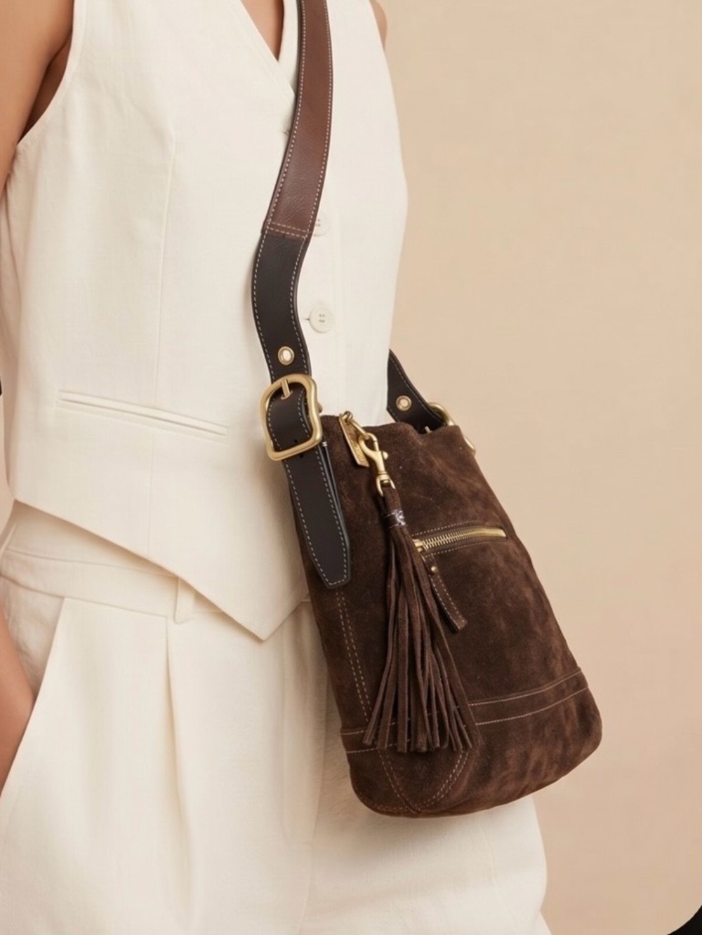 Vintage Coach Brown Suede Crossbody Bag with Tassel